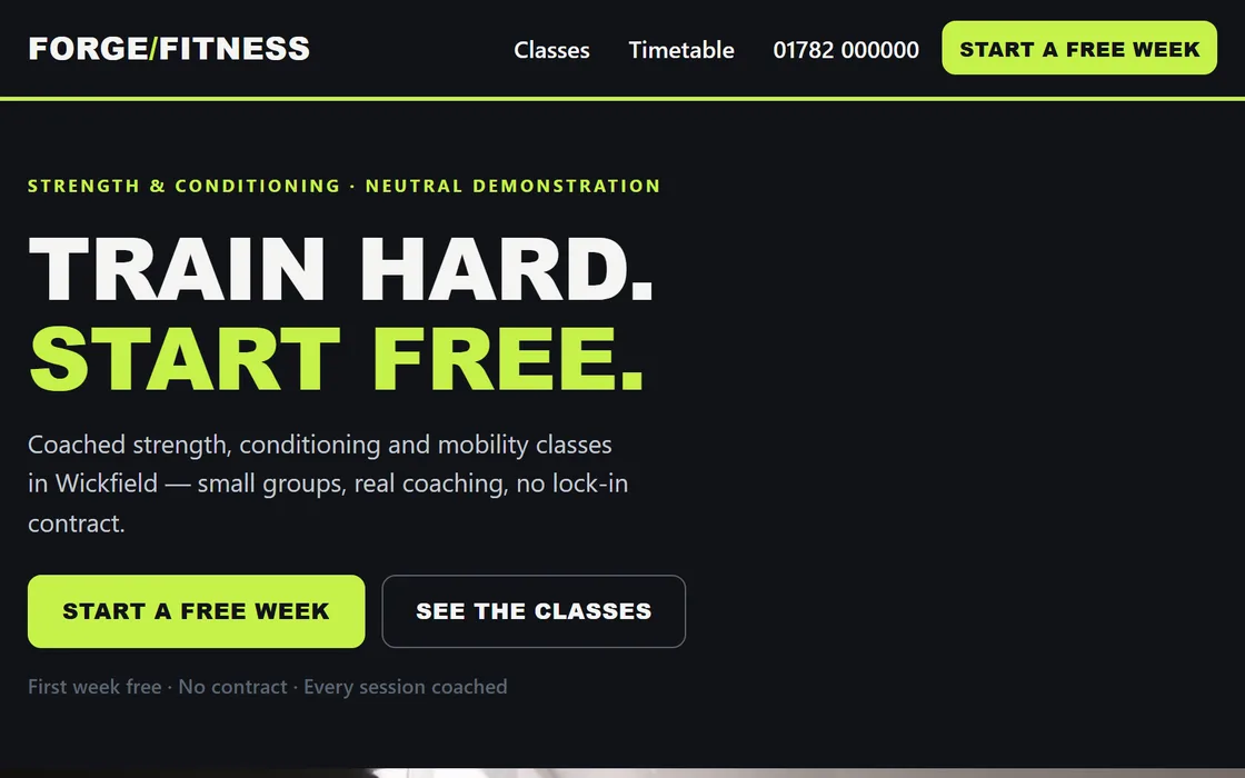 The Gym & fitness demo homepage, captured from the running site