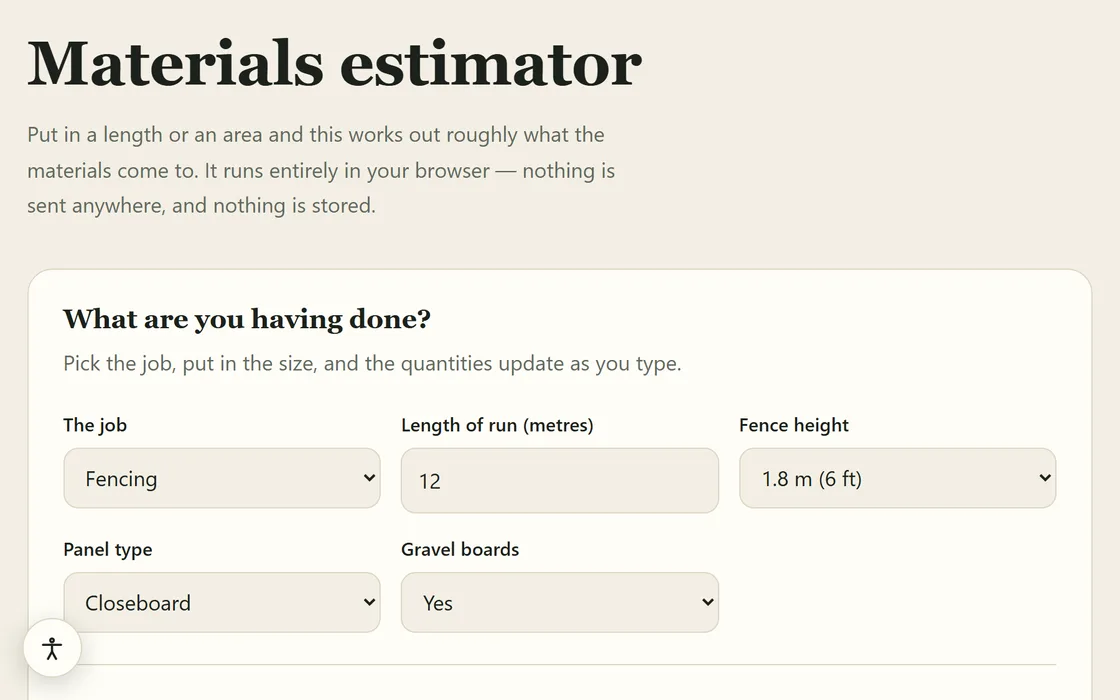 The landscaping demo's materials estimator, with fields for the job, the length in metres, the panel type and the fence height