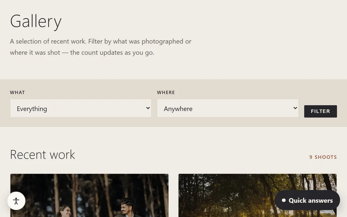 The photography demo's gallery, with what-and-where filters above a row of recent shoots