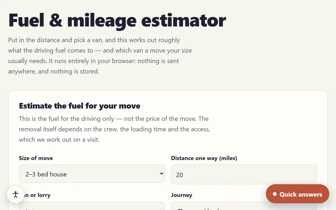 The removals demo's fuel and mileage estimator, with size of move and one-way distance entered and the journey being costed
