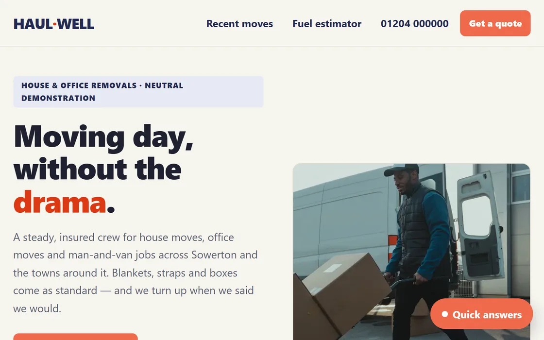 The Removals demo homepage, captured from the running site