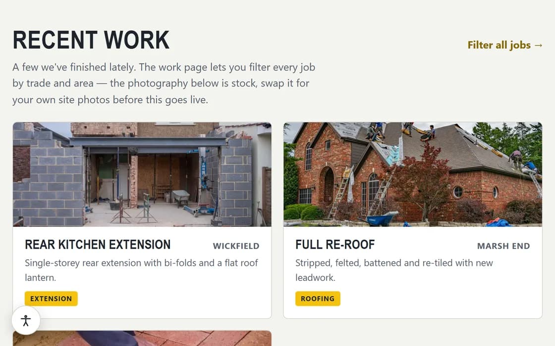 The builder demo's recent-work gallery, showing photographs of a rear kitchen extension and a full re-roof with the location and job type on each