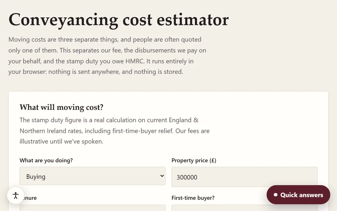 The solicitor demo's conveyancing estimator, with buying-or-selling, property price and first-time-buyer fields feeding a real stamp-duty calculation