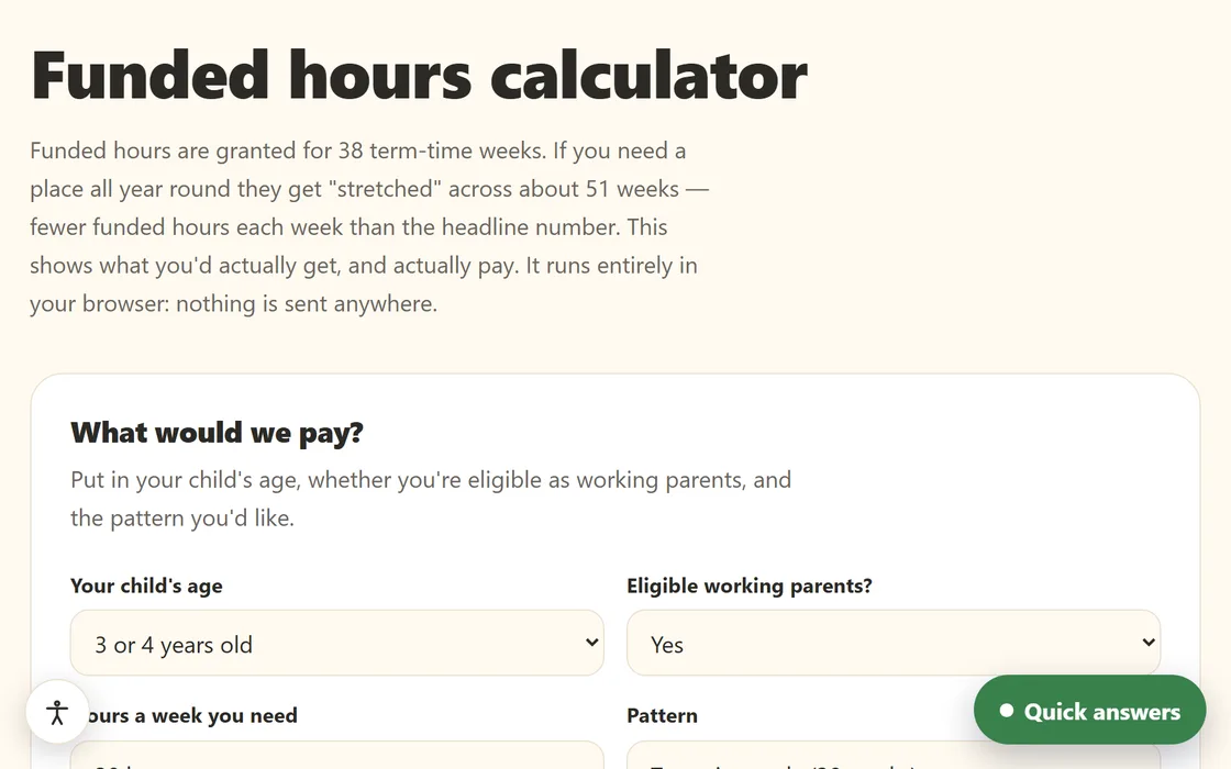 The nursery demo's funded-hours calculator, with the child's age and eligible-working-parents answers set and the weekly pattern beneath
