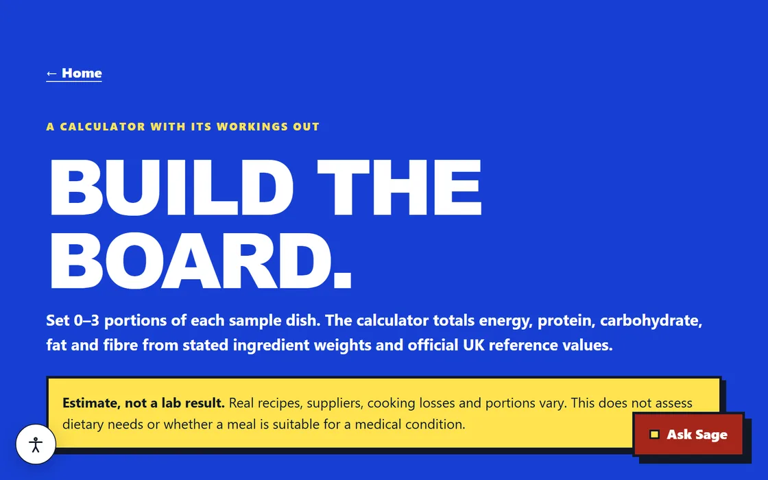 The restaurant demo's nutrition builder — a blue panel headed 'Build the board' over a portion calculator that totals energy, protein and carbohydrate