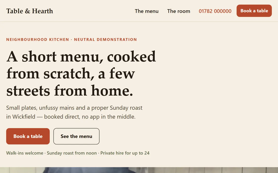 The Restaurant & café demo homepage, captured from the running site