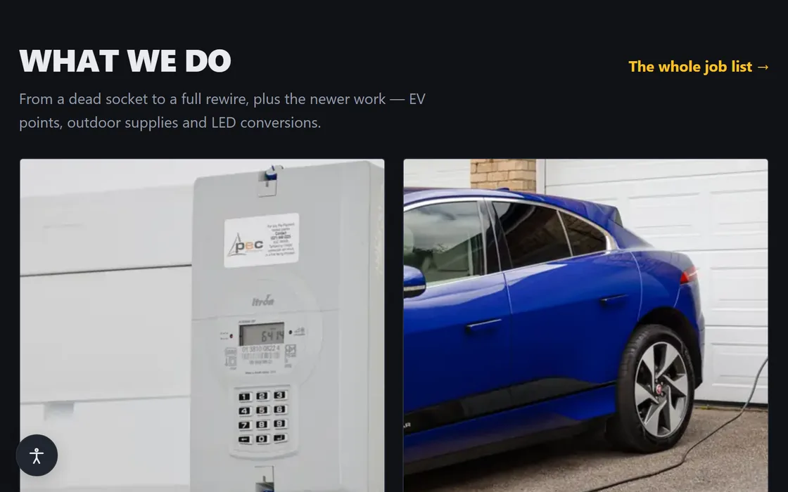 The electrician demo's dark-chrome work page, showing an EV charge point fitted beside a car on a driveway