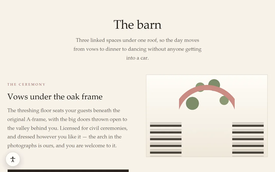 The wedding venue demo's spaces guide, an editorial spread headed 'Vows under the oak frame' beside a line drawing of the barn's roof trusses