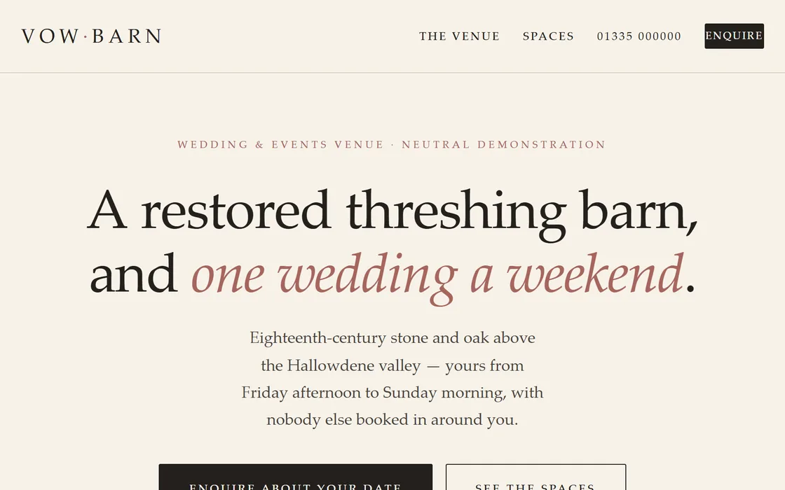 The Wedding venue demo homepage, captured from the running site