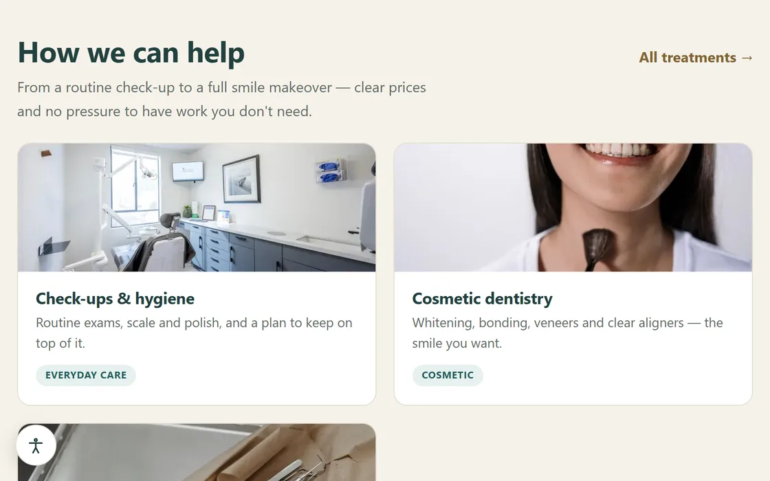 The dental demo's treatment list, showing routine check-ups and hygiene beside cosmetic dentistry, each with a photograph and a category tag