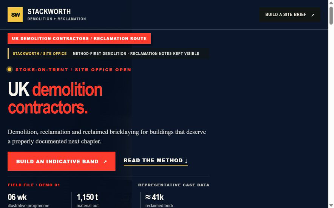 Stackworth — the demolition and reclamation website Neubor built, with brickwork and its yellow Ask Marl panel