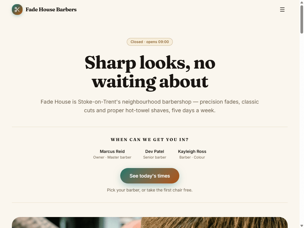 The Fade House Barbers demo homepage, showing the booking panel and the barber line-up