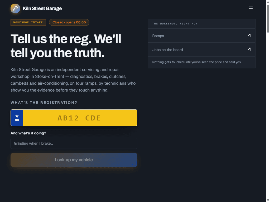 The Kiln Street Garage demo homepage, showing the vehicle registration entry field