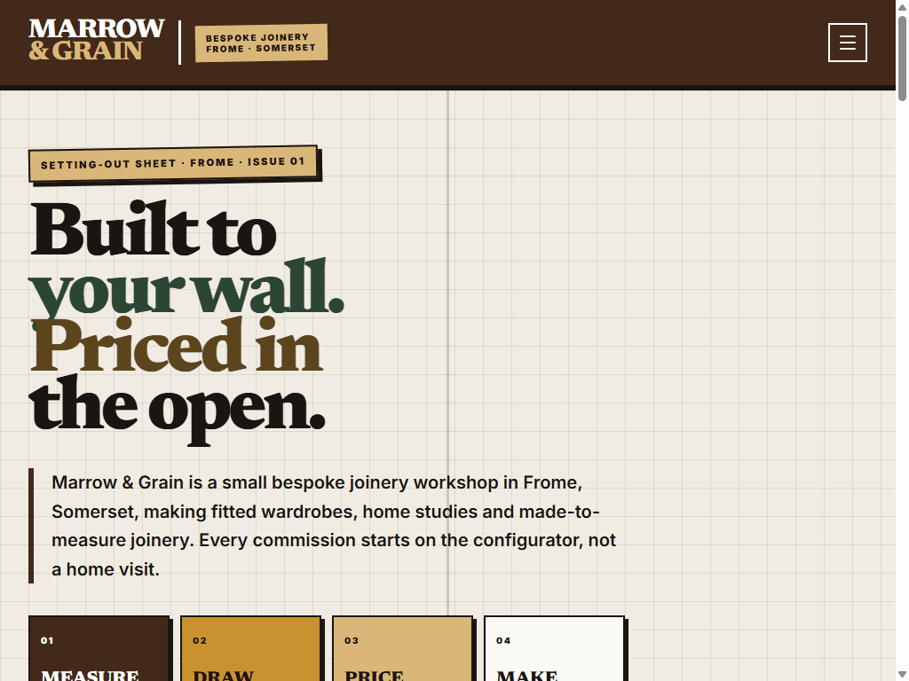 The Marrow & Grain demo homepage after the bespoke rebuild: a serif headline over the configurator's finish photograph, spec plate and live price band