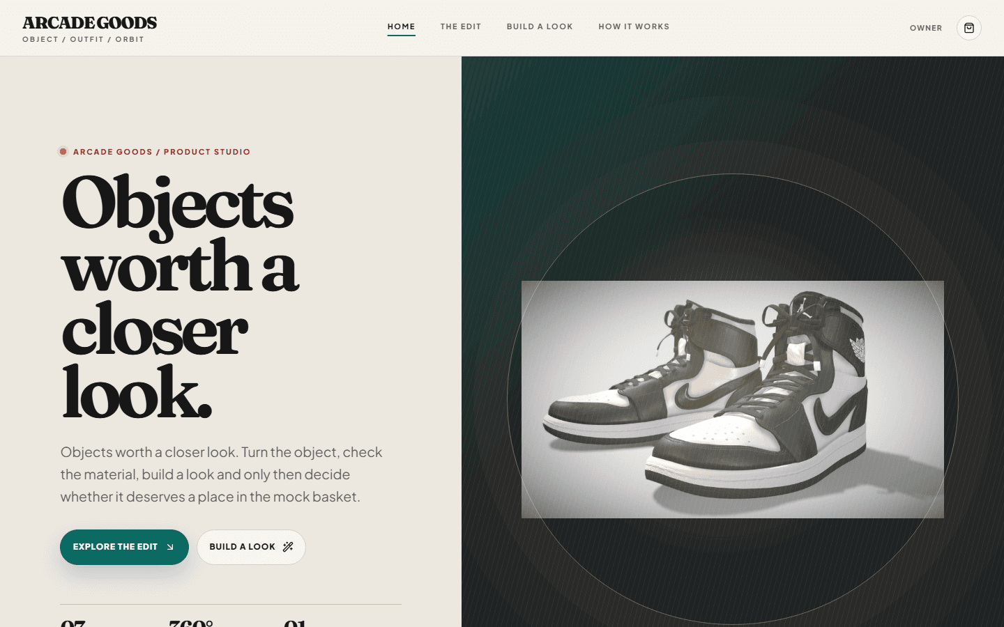 Local Arcade Goods Product Studio demonstration showing an editorial product page with a pair of shoes and build-a-look actions