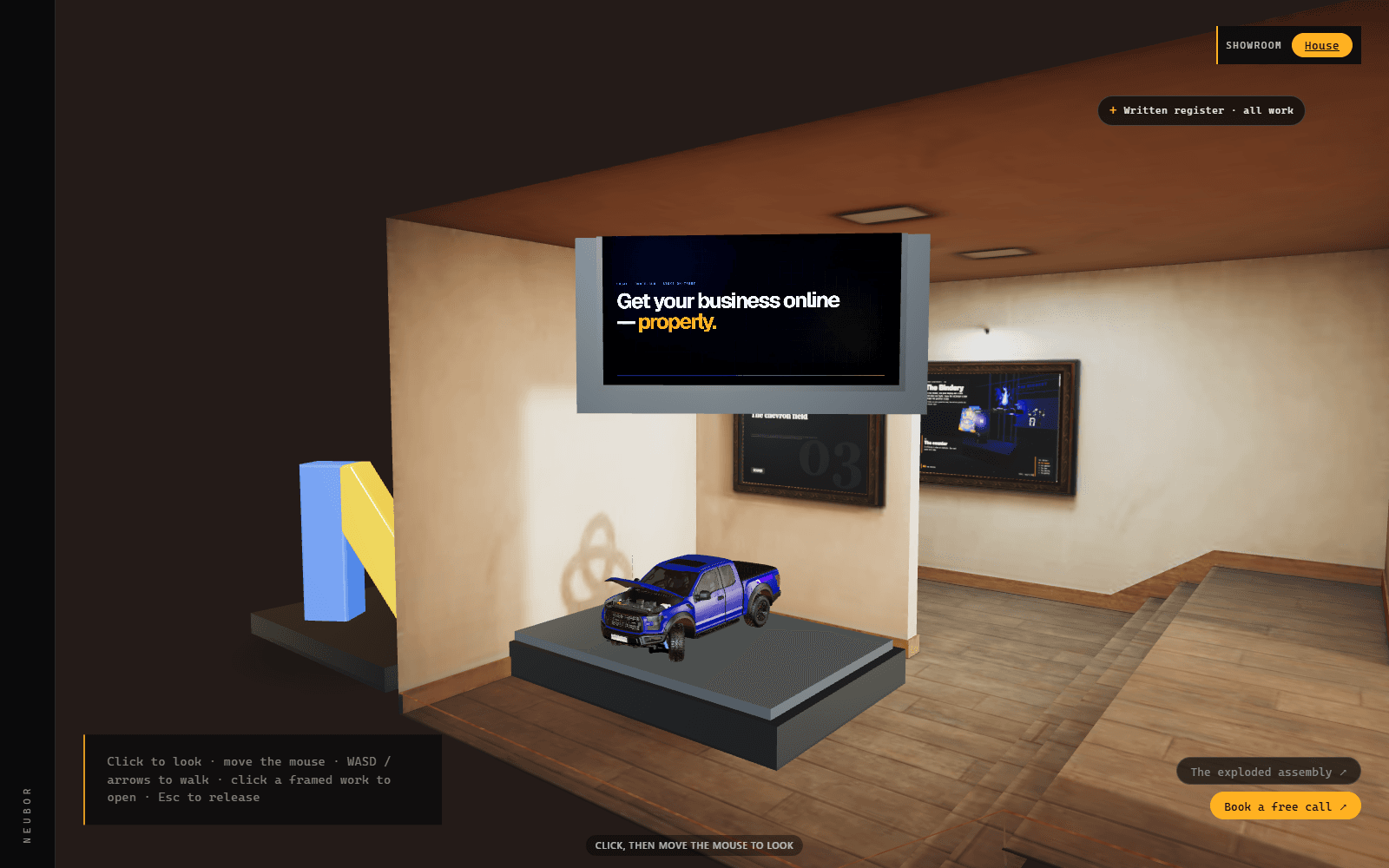 Neubor's first-person motion showroom with framed website work, a television screen and a car exhibit
