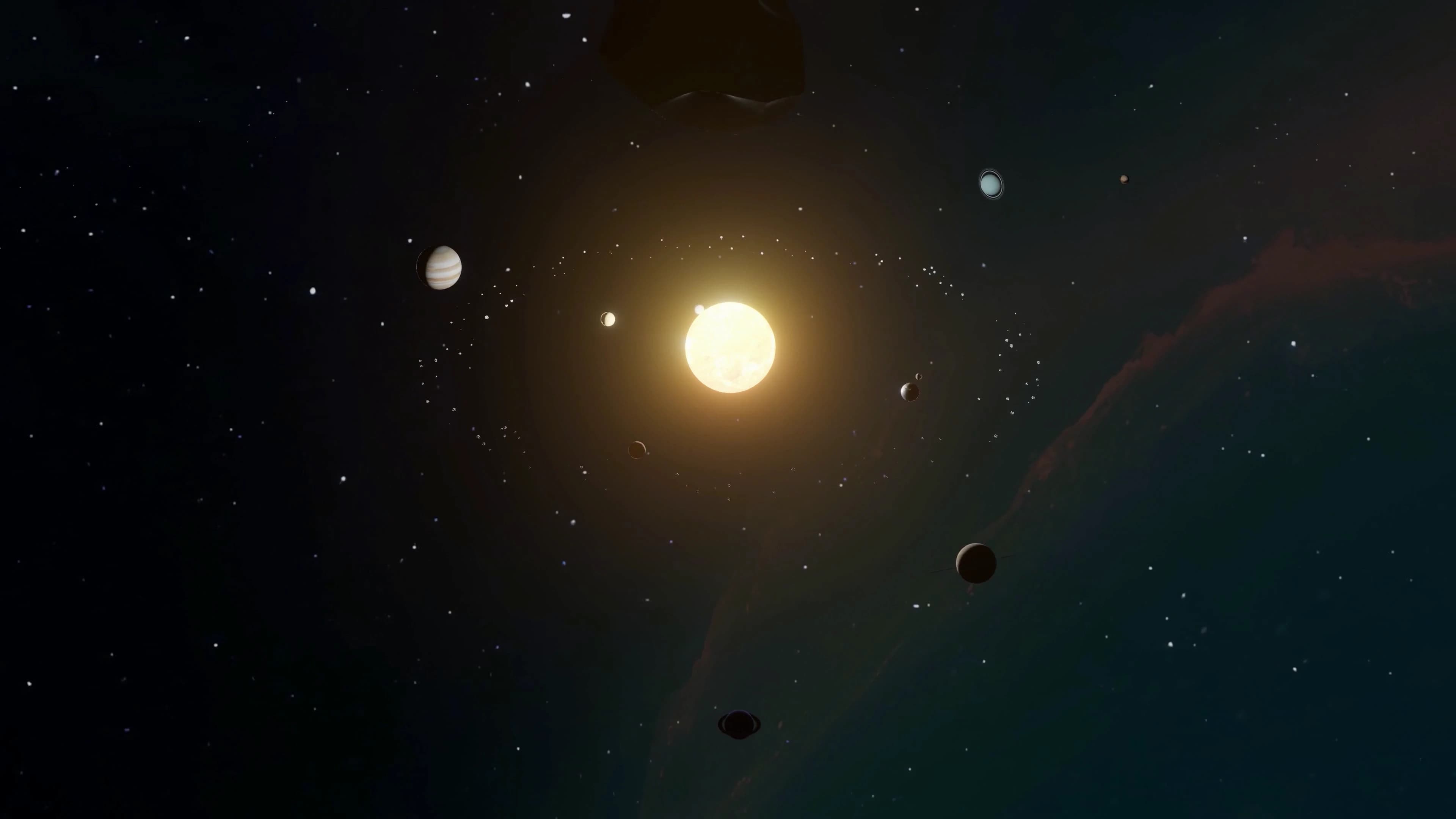 Solar Observatory motion website preview showing a glowing solar system with orbit labels and a focus control rail