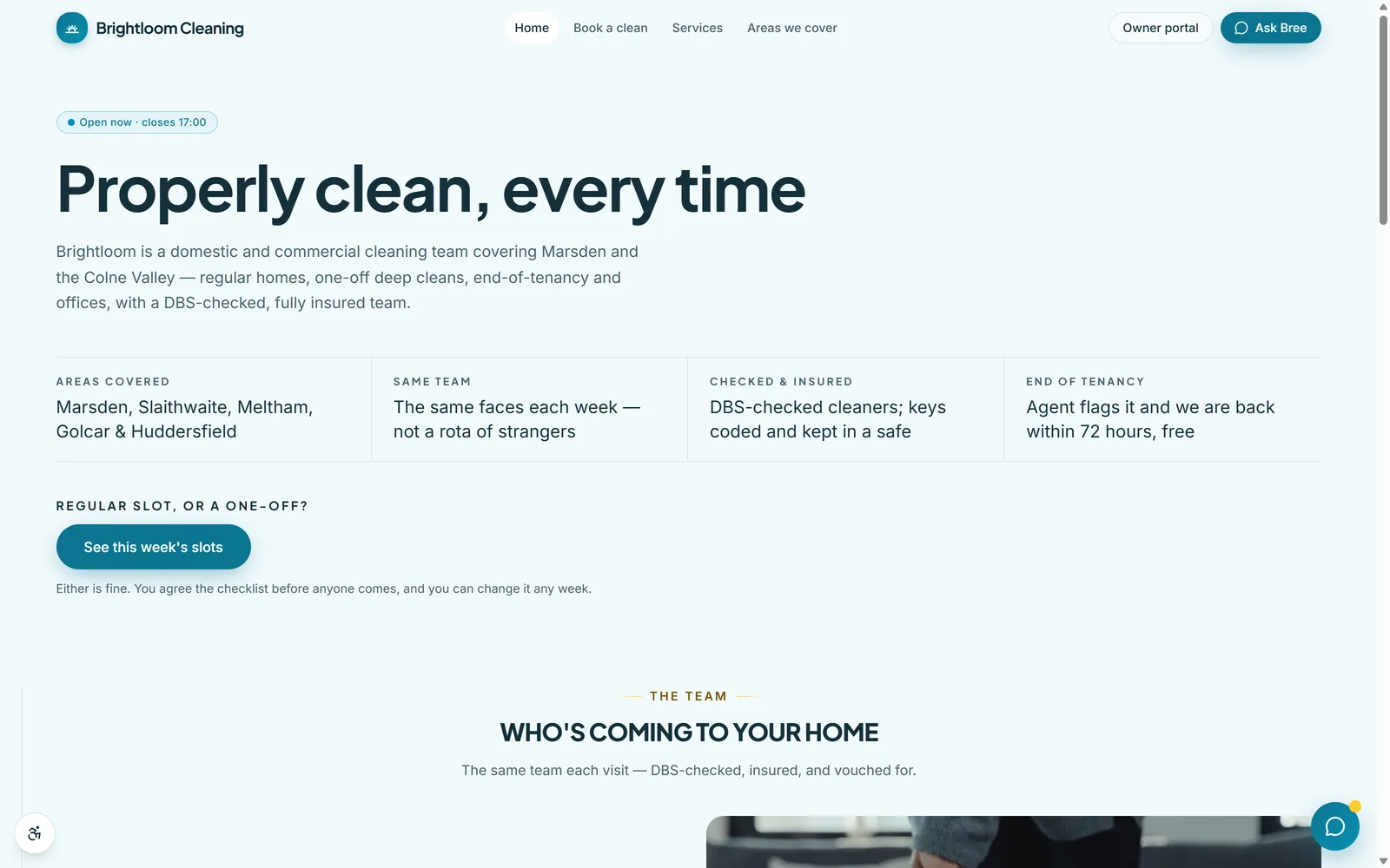 The Brightloom Cleaning demo homepage, showing the “When would you like us to come?” booking prompt and the cleaning team beside a photograph of a cleaner mopping a floor