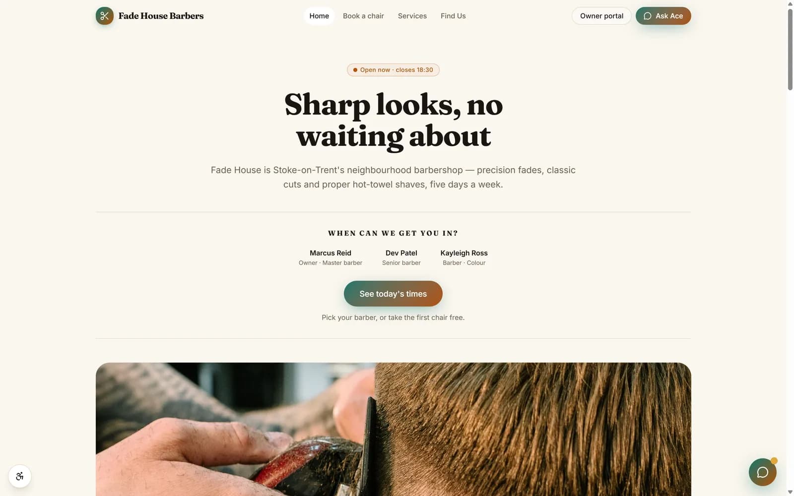 The Fade House Barbers demo homepage, showing the booking panel and the barber line-up