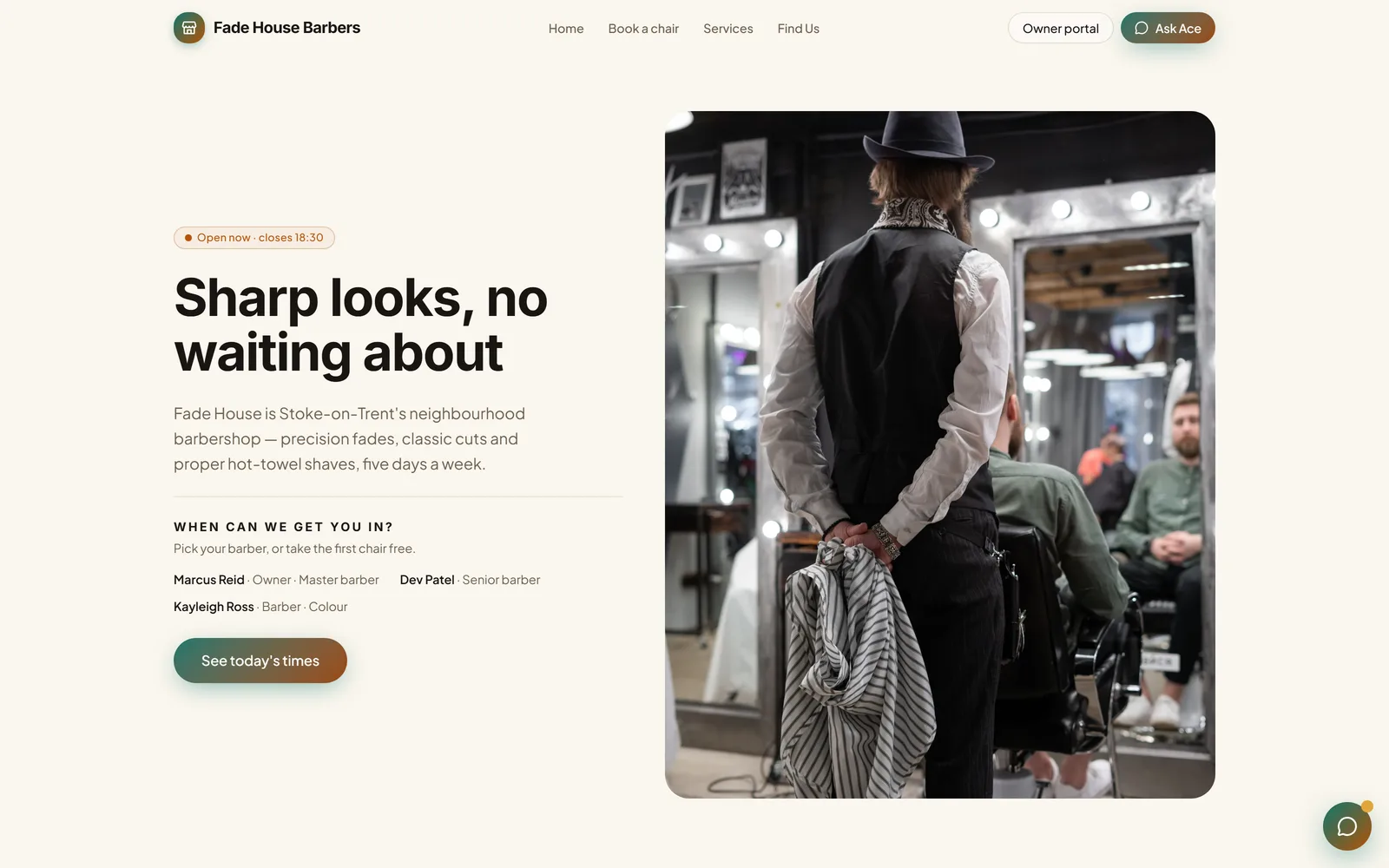 The Fade House Barbers demo homepage, showing the booking panel and the barber line-up