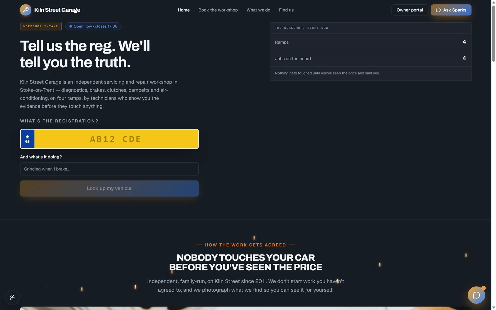 The Kiln Street Garage demo homepage, showing the vehicle registration entry field