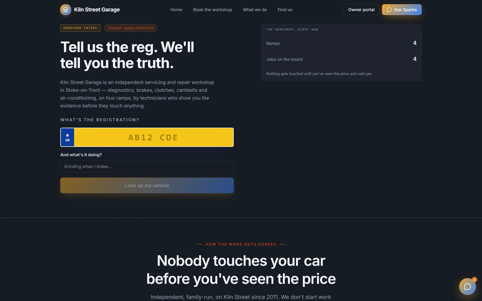 The Kiln Street Garage demo homepage, showing the vehicle registration entry field
