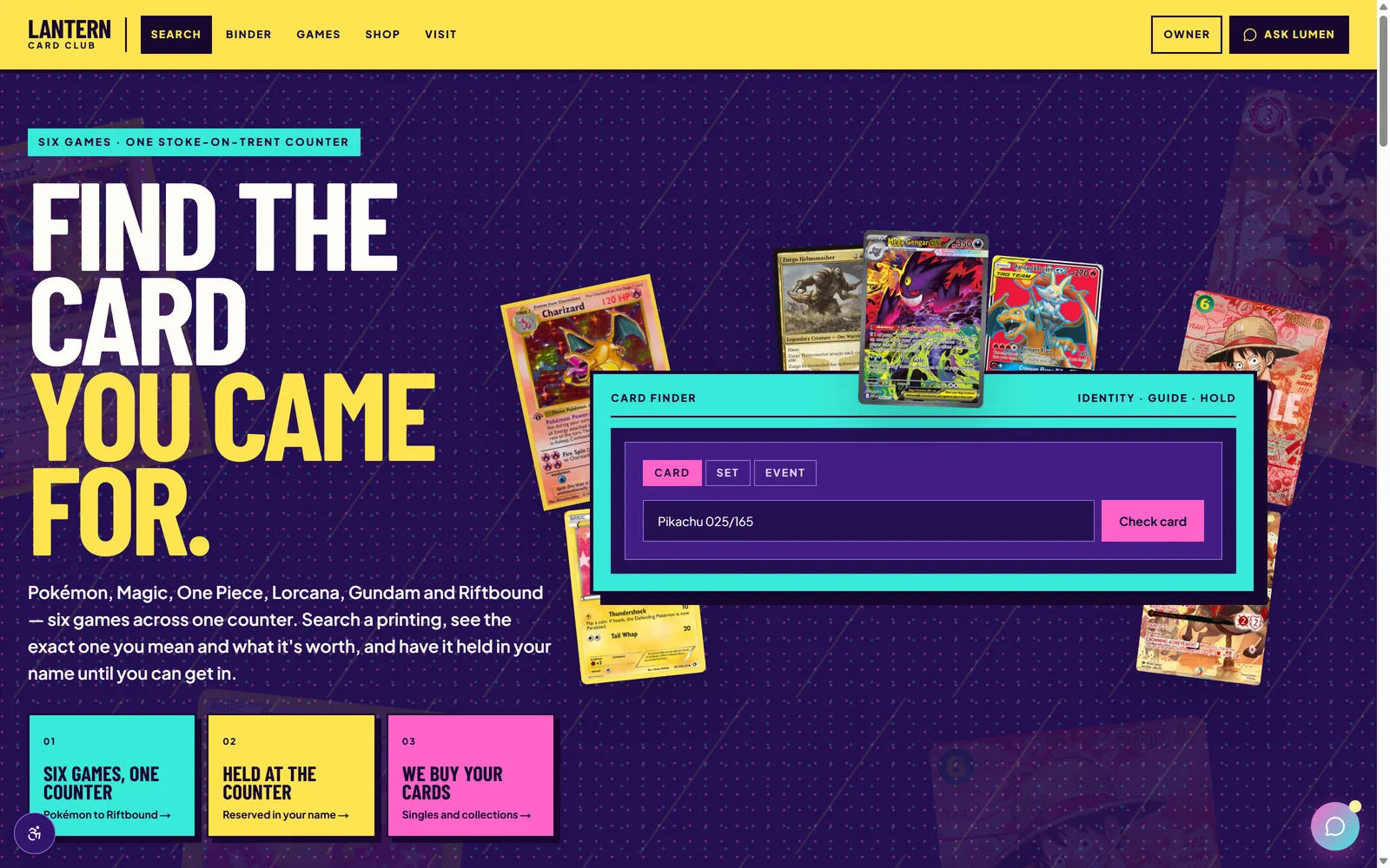 The Lantern Card Club demo homepage, showing the card/set/event search panel with a card name typed in, beside the “Find the exact printing” headline