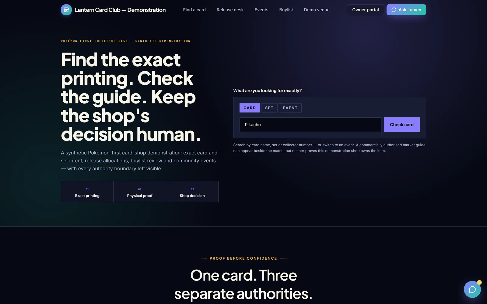The Lantern Card Club demo homepage, showing the card/set/event search panel with a card name typed in, beside the “Find the exact printing” headline