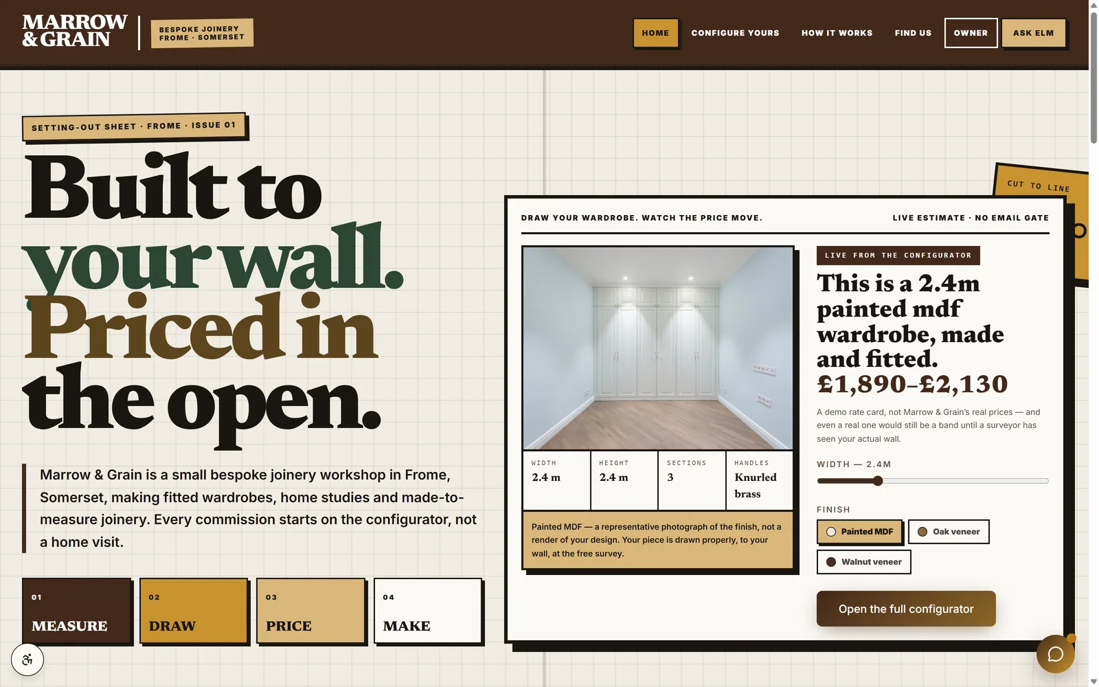 The Marrow & Grain demo homepage after the bespoke rebuild: a serif headline over the configurator's finish photograph, spec plate and live price band