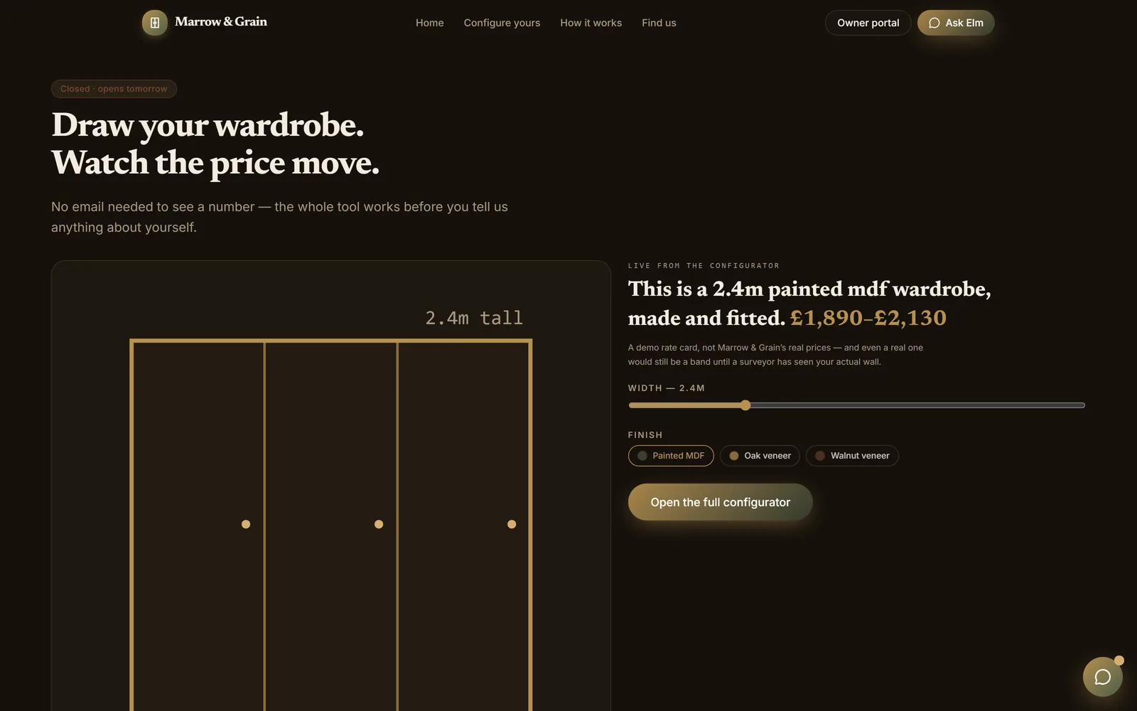 The Marrow & Grain demo homepage, showing the wardrobe configurator's to-scale drawing beside its live price band and finish options