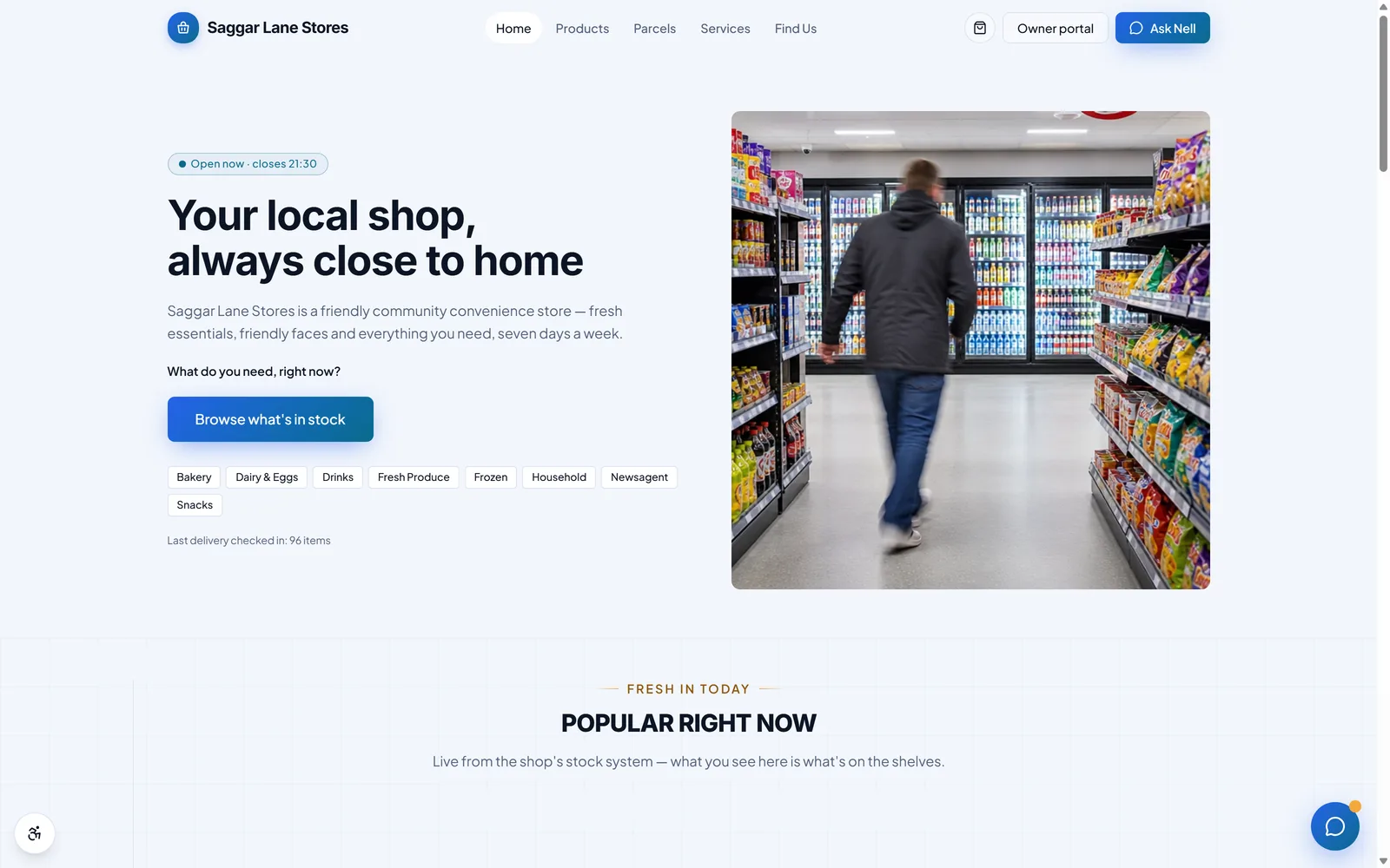 The Saggar Lane Stores demo homepage, showing the “Browse what's in stock” panel and its aisle categories beside a photograph of shop shelves
