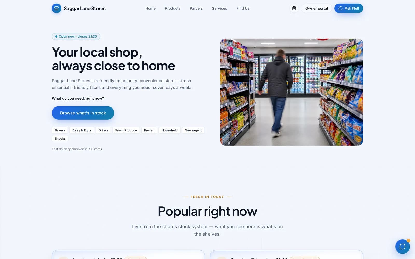 The Saggar Lane Stores demo homepage, showing the “Browse what's in stock” panel and its aisle categories beside a photograph of shop shelves