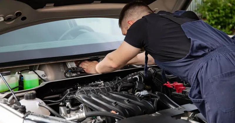 Auto mechanic performs engine maintenance on a car. Focus on hands and engine components.