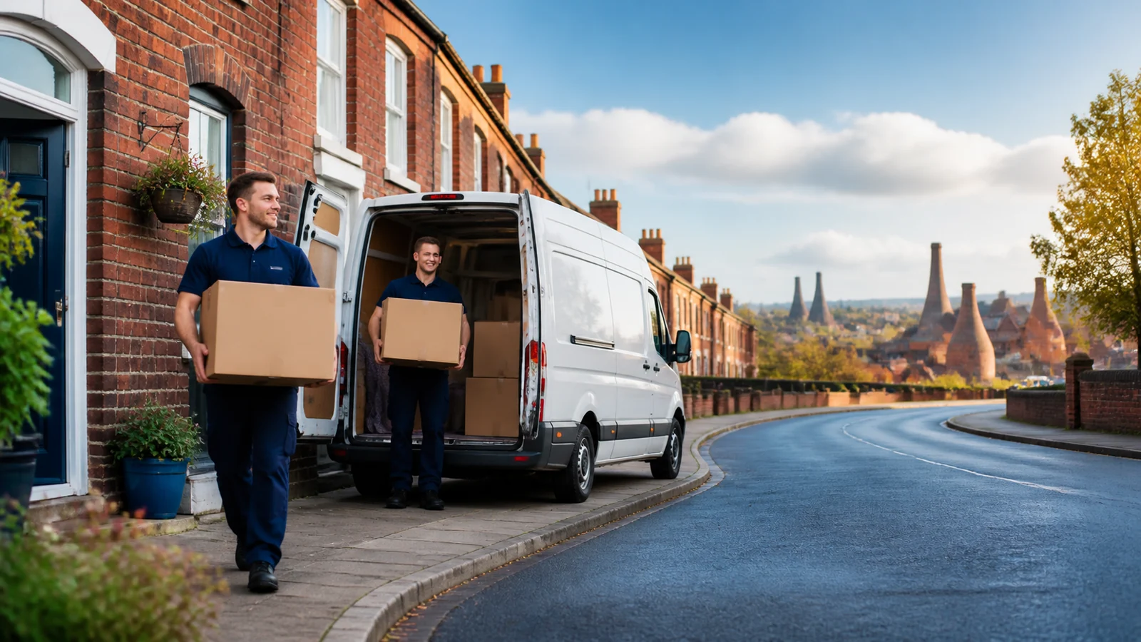Illustrative removals crew and van on a Stoke-on-Trent street