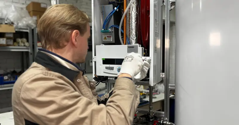 Technician installing or repairing a heating system in an indoor workshop setting.