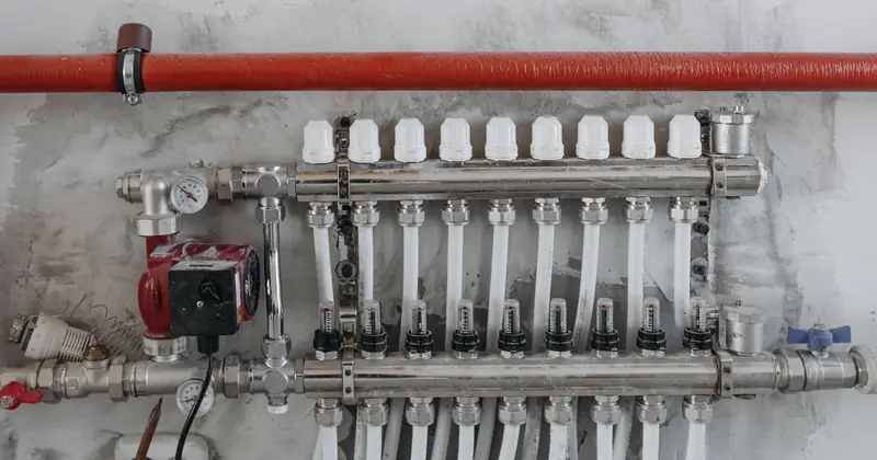 A close-up view of an industrial manifold with pressure gauges and connected steel pipes.