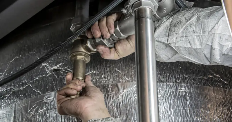 Close-up view of industrial steel pipes with valves on a metallic background, showcasing architecture.