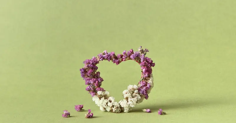 Heart-shaped wreath made of pink and white flowers on a green surface, perfect for romantic and nature themes.