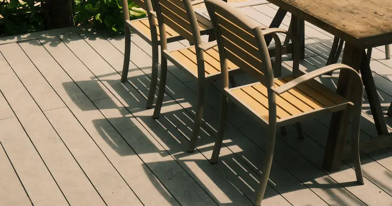 Stylish outdoor patio chairs and table set on a sunny deck in Phan Thiet, Vietnam.