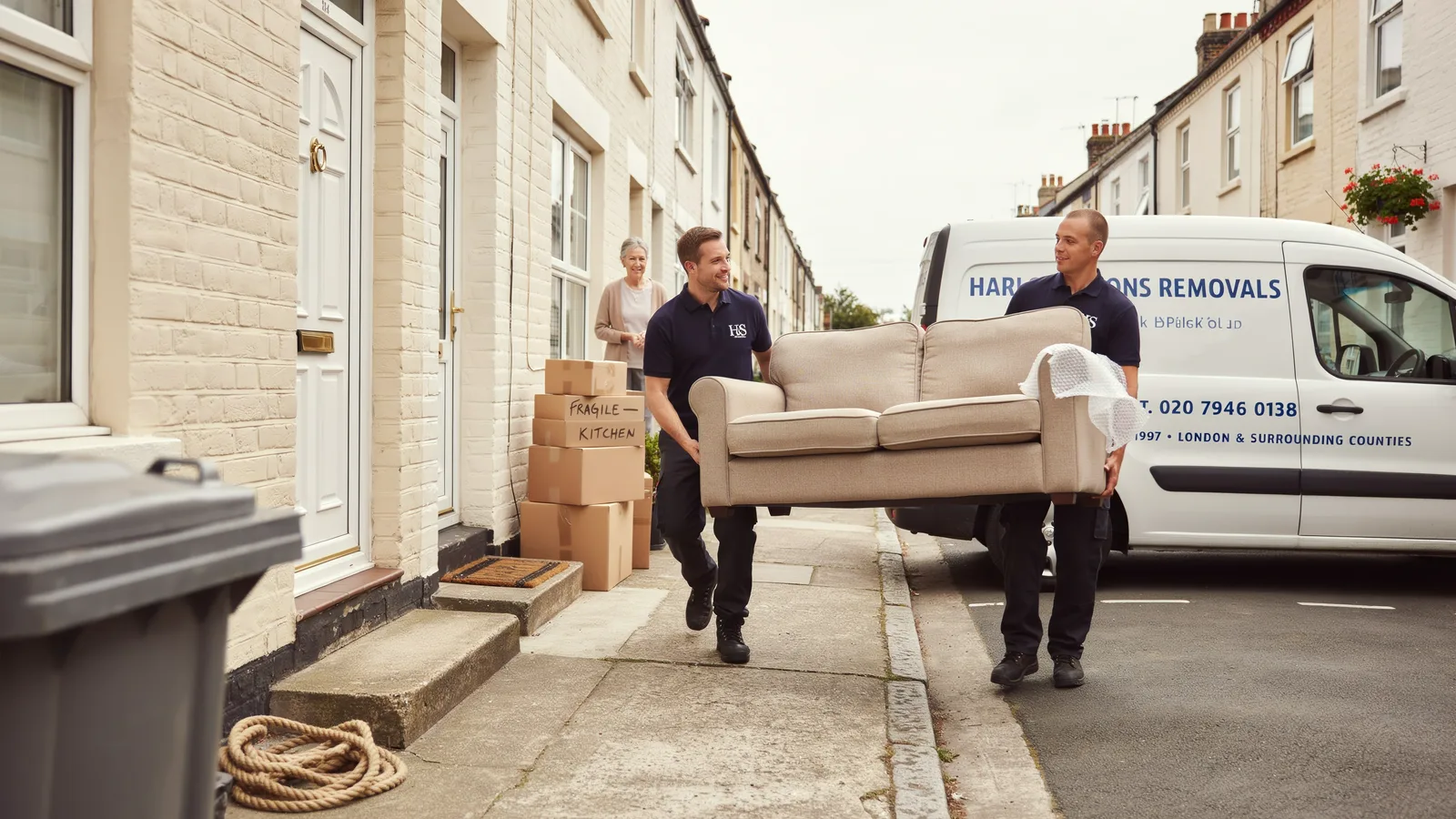 Two uniformed removals movers carrying a sofa up the path into a British terraced house on moving day, a removals van behind them and the customer waiting at the door.