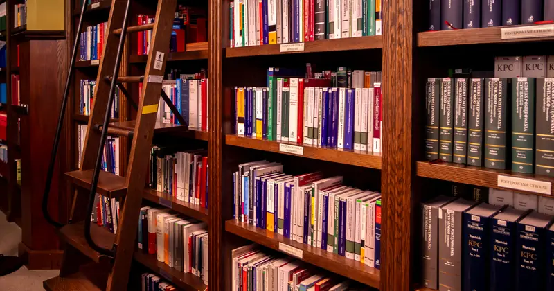 Bookshelves with a ladder in a Polish library, Wrocław.