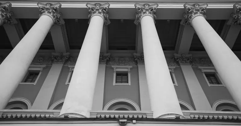 Black and white image showcasing majestic classical columns of a historic building facade.