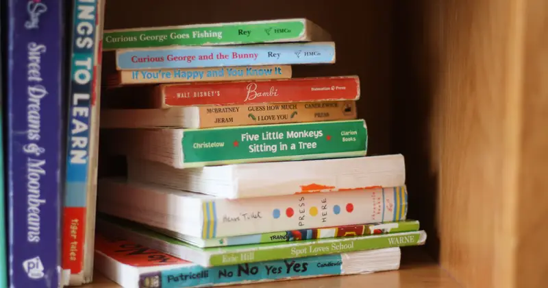 Colorful arrangement of children's books on a wooden shelf, showcasing popular titles.