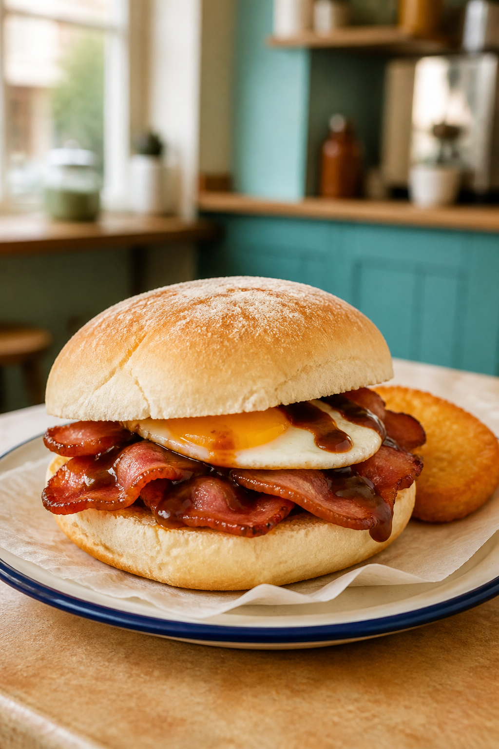 Bacon bap with fried egg, hash brown and brown sauce