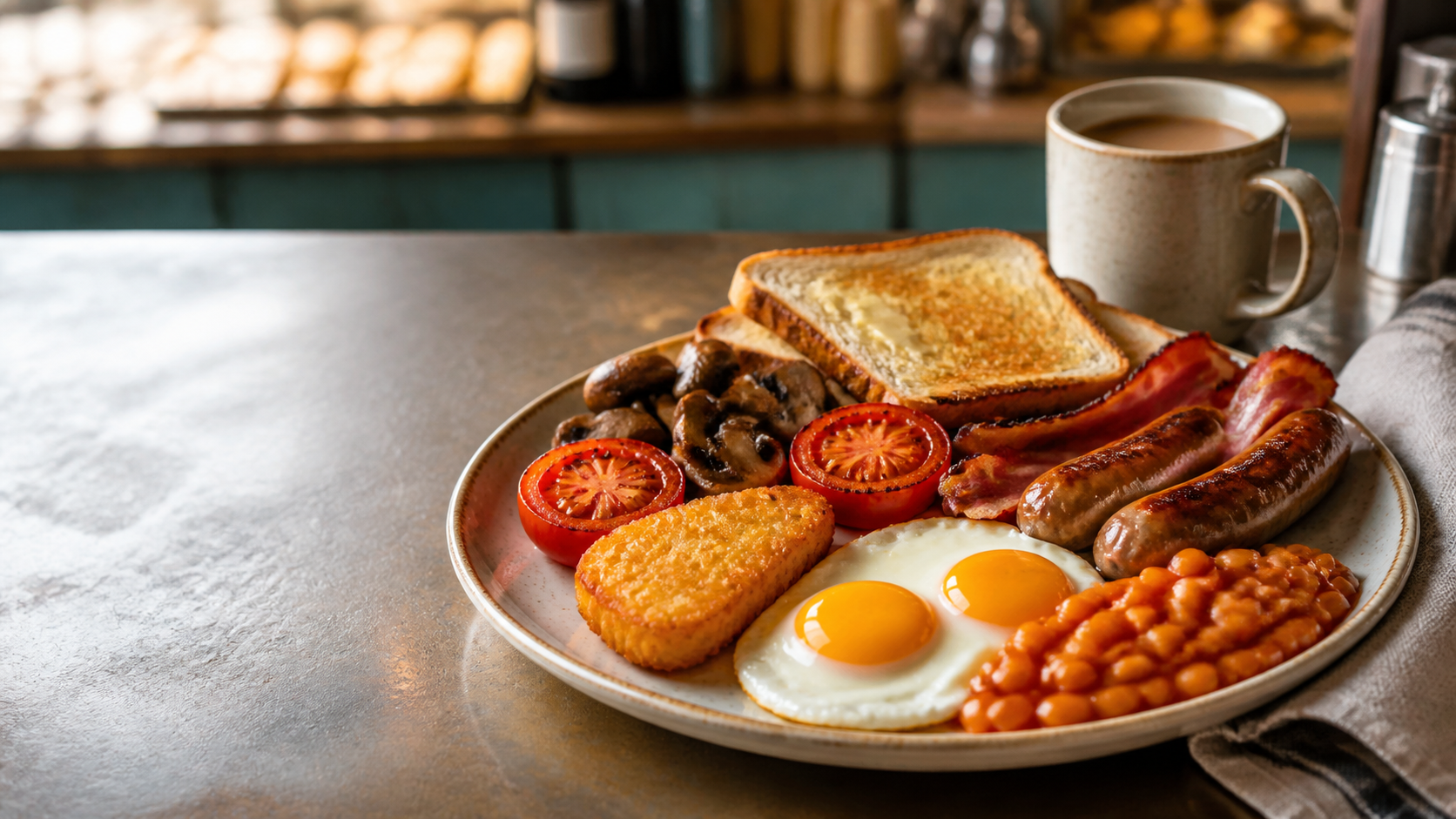 Full English breakfast photographed in a warm café setting