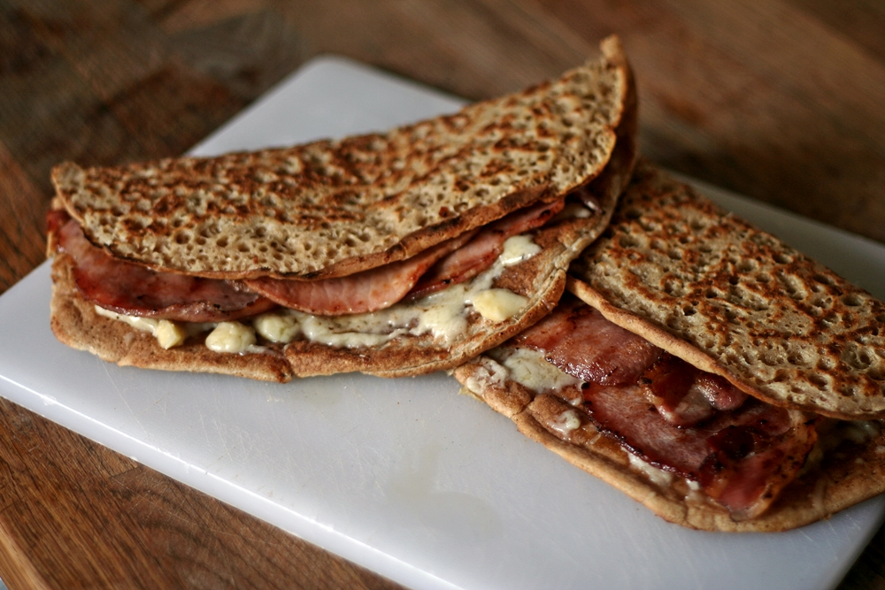 Staffordshire oatcakes filled with bacon and cheese