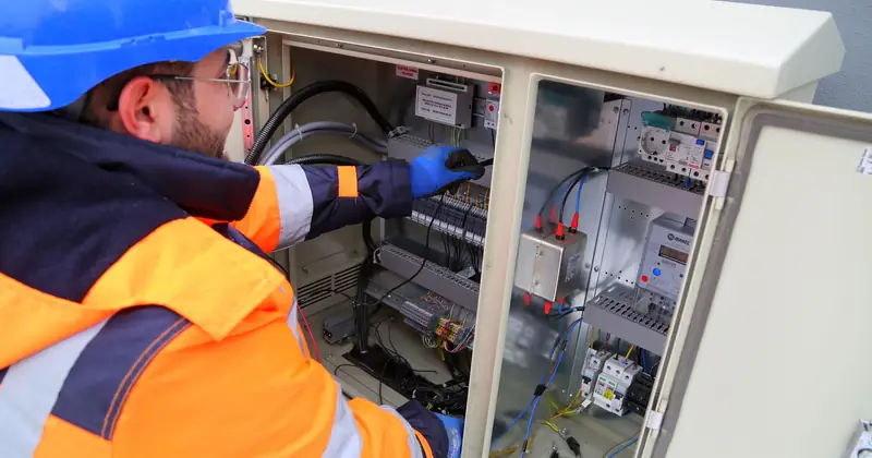 Engineer in safety gear working on an outdoor electrical panel, ensuring system functionality.
