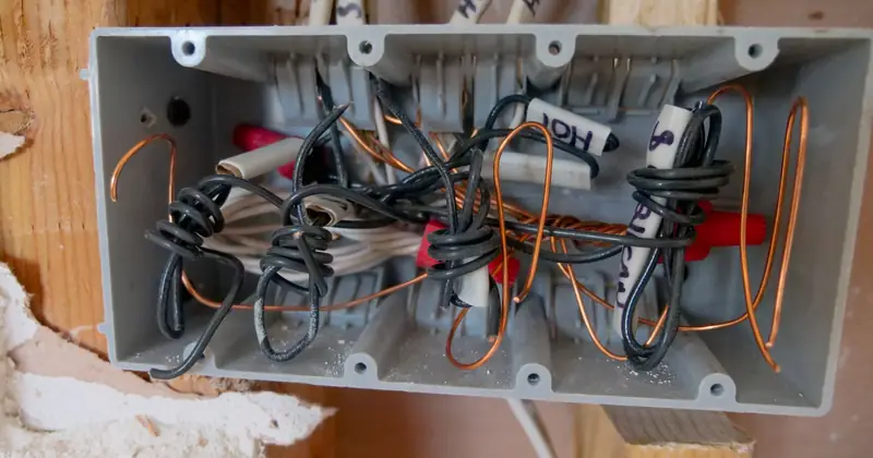 Close-up view of exposed electric wiring being installed during home renovation on a white wall.