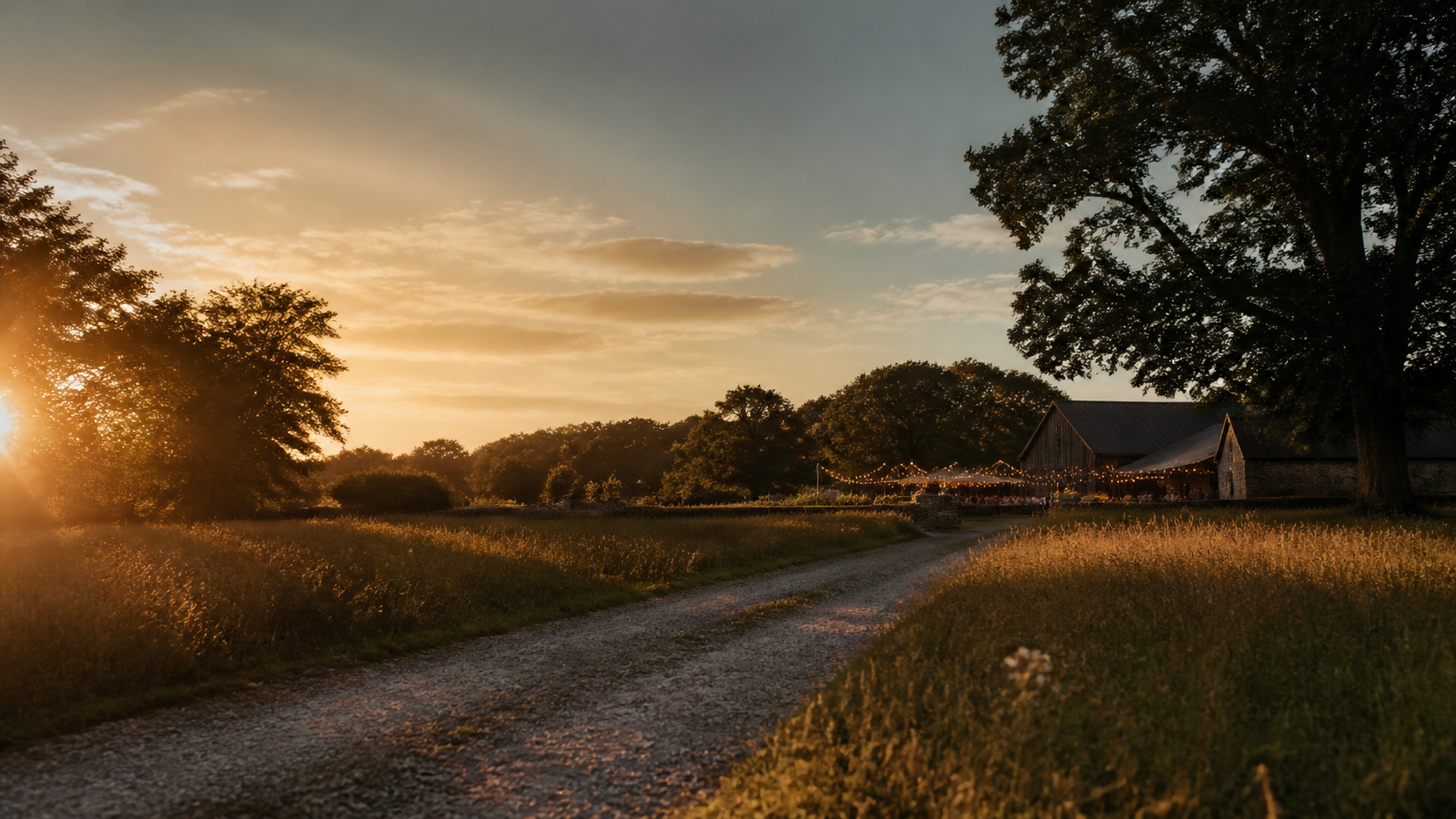 Golden-hour view across the Vowbarn meadow towards the timber barn