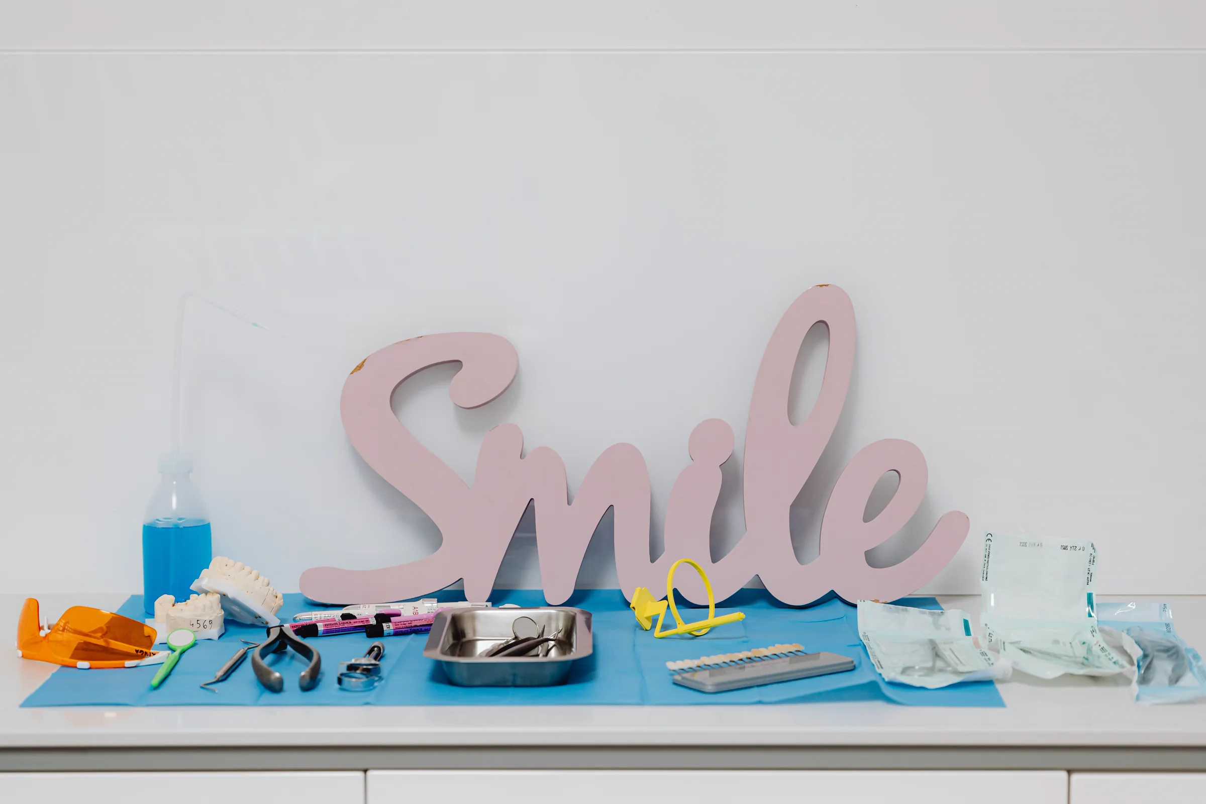 Dental instruments laid out in a clinic